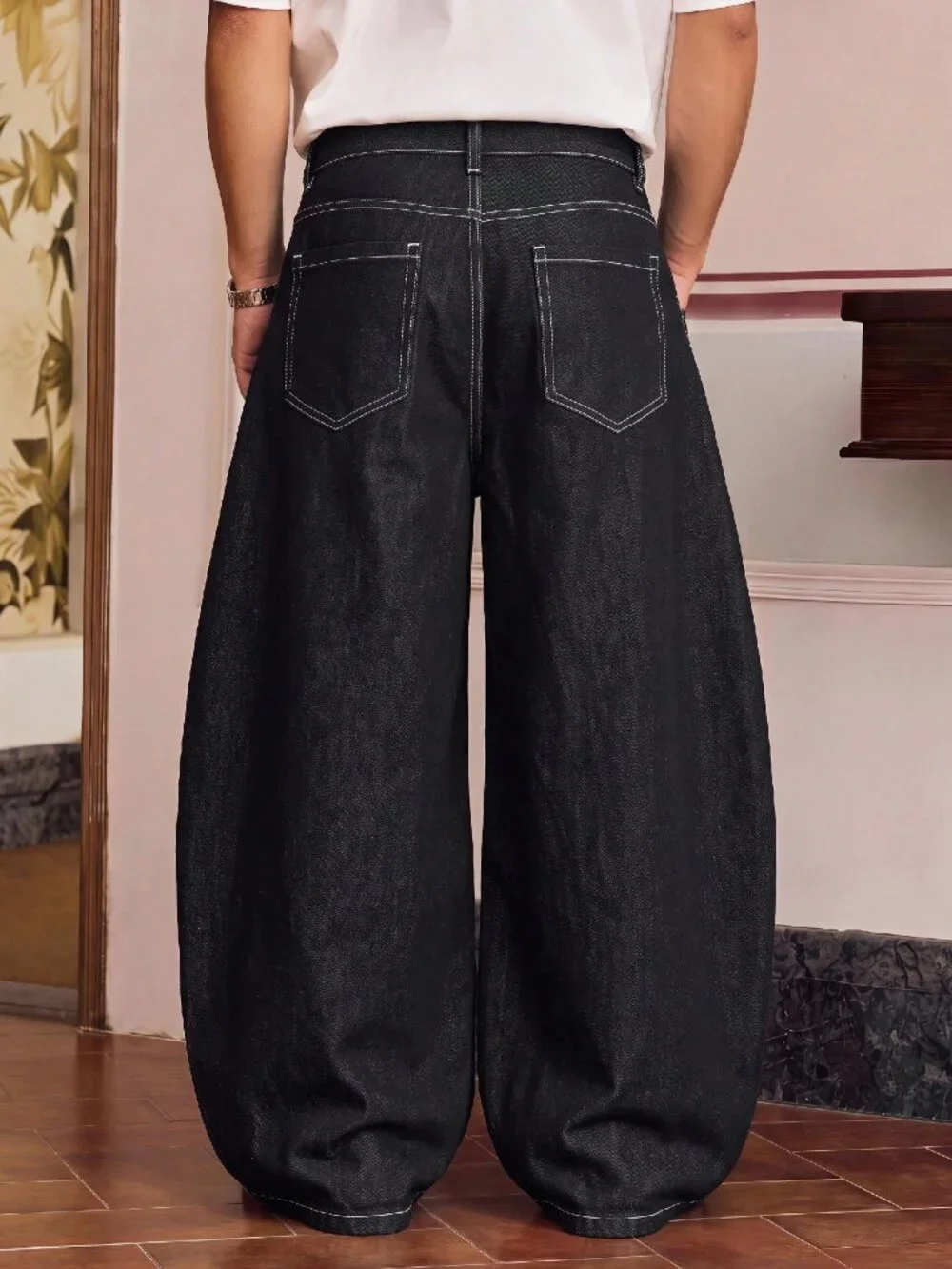 Black Casual Men's Woven Loose Straight Leg Long Pants